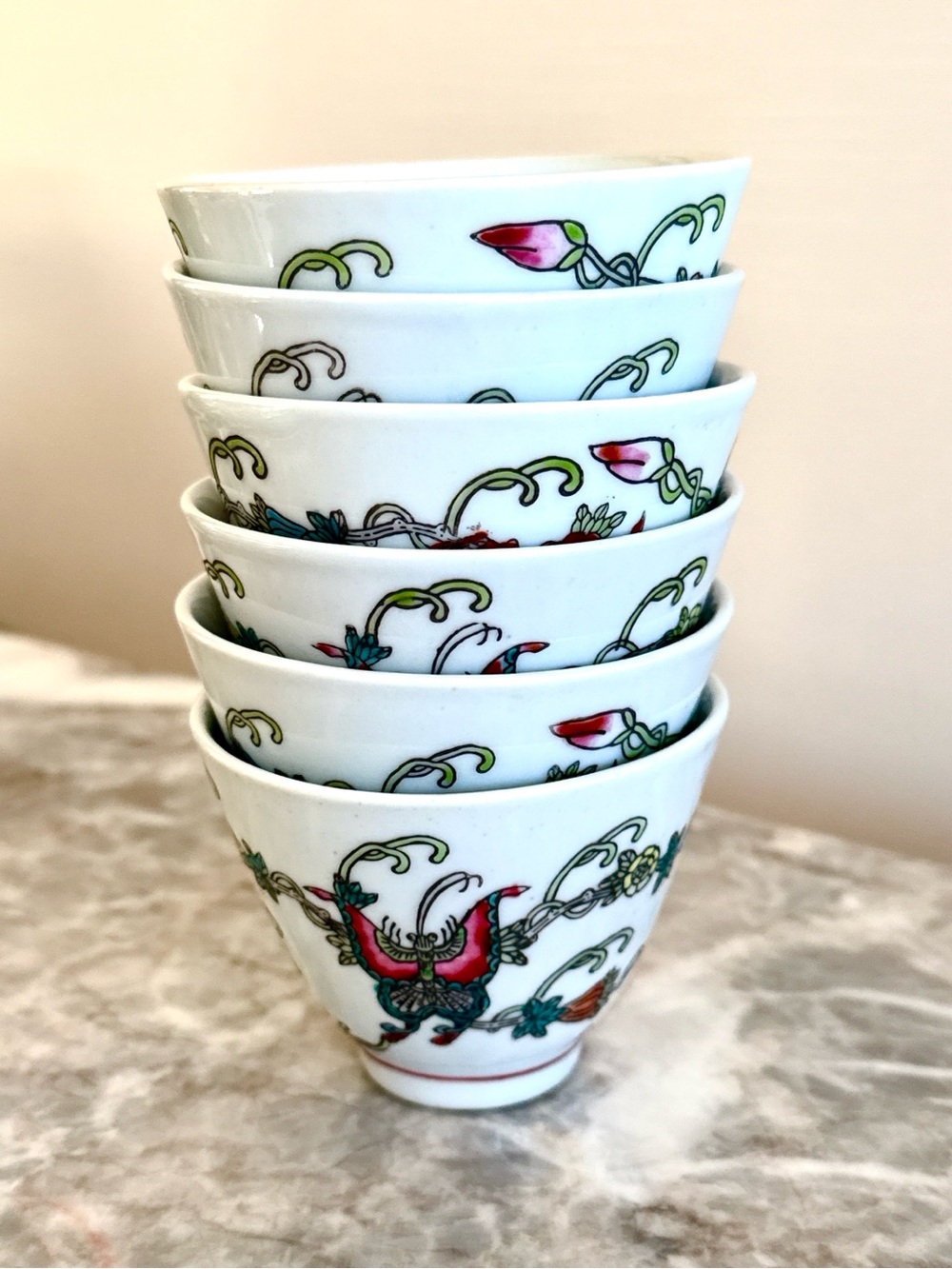Vintage Hand-Painted Chinese Butterfly Petite Teacups - Set of 6